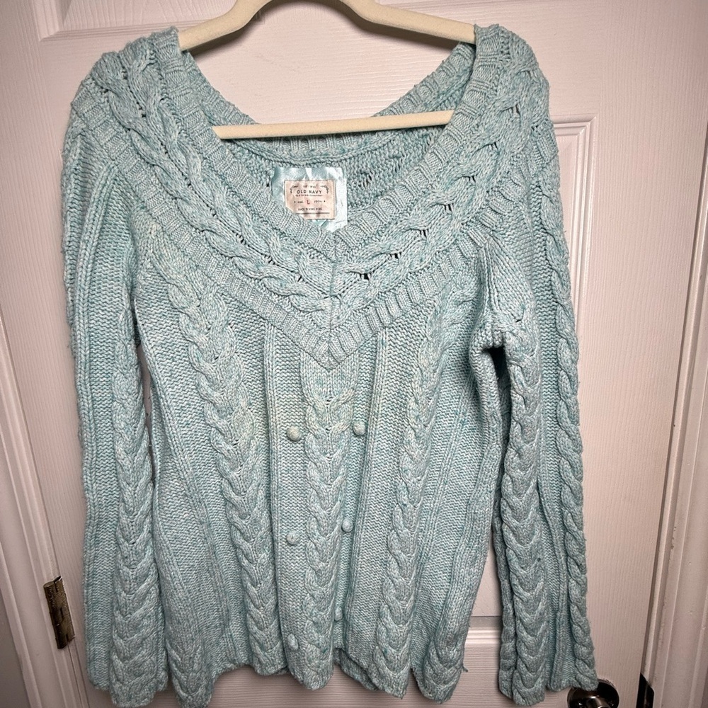 Vintage Womens blue Sweater Sz L Chunky Embroidery Vneck Cotton Wool Blend